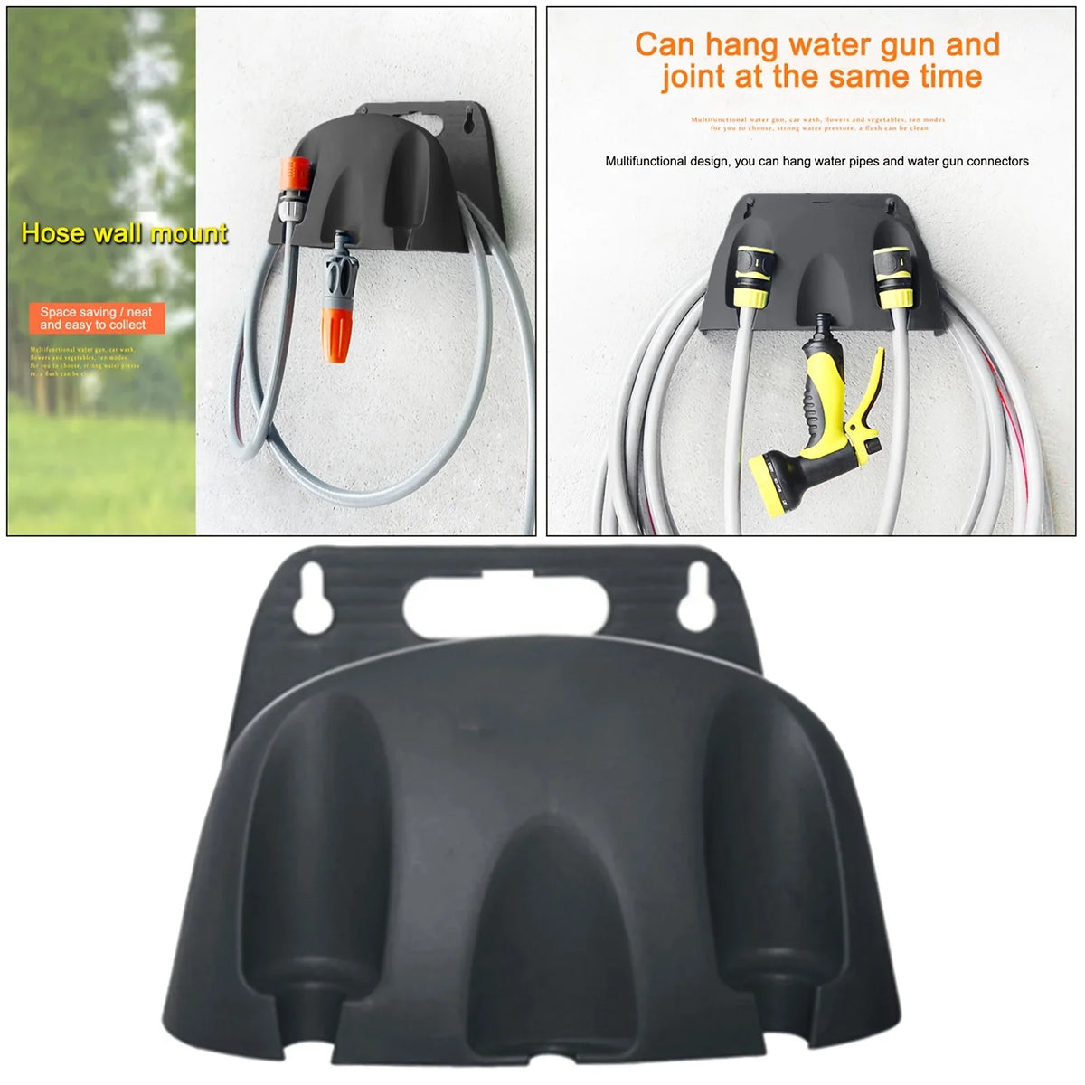 A wall mounted garden hose rack made of heavy-duty plastic for storing outdoor garden watering and irrigation tools