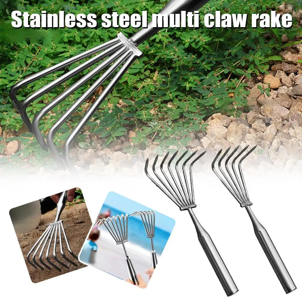 Garden Stainless Steel Hand Rake Manual Integrated Small Leaf Rakes Gardening Tool Multi-Claw Soil Rake For Planting Vegetable