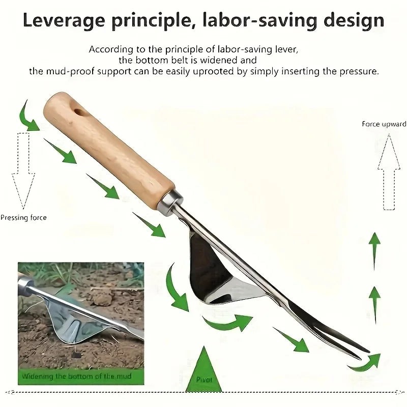 Multipurpose hand weeder with ergonomic wooden‑grip and stainless‑steel body, easily uproots dandelions and common weeds for law