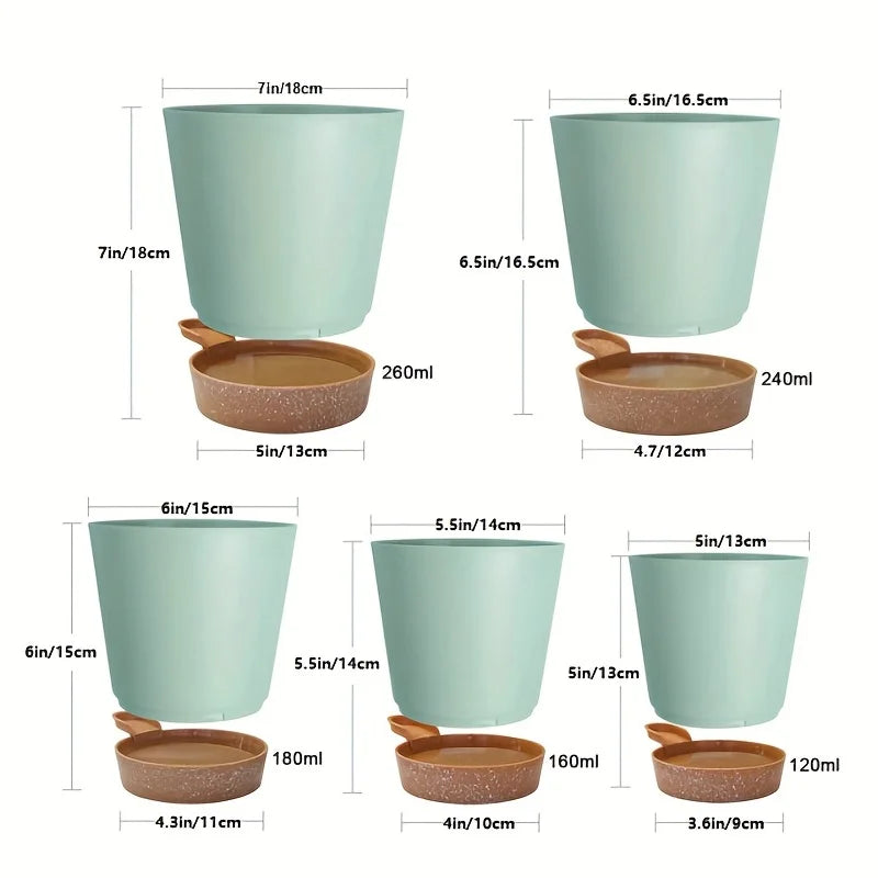 5pcs Plant Pots Self Watering Planters For Indoor Plants With Drainage Hole, Nursery Planting Pot Plastic 7/6.5/6/5.5/5 Inches
