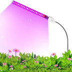 Portable AITHEA LED grow light bar with a flexible neck emitting a bright pink-purple spectrum over green potted plants.