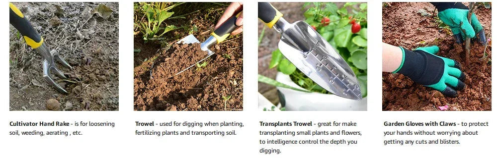 Garden Tool Set 4 Pack With Trowel, Cultivator Hand Rake, Transplant Trowel, Gardening Gloves For Weeding, Loosening Soil