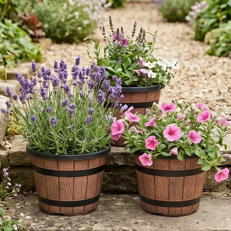 Imitation Wood Flower Pot Plastic Barrel Planter Retro Wooden Barrel Planters Garden Pots for Soil Planting Flowers Bonsai Pots