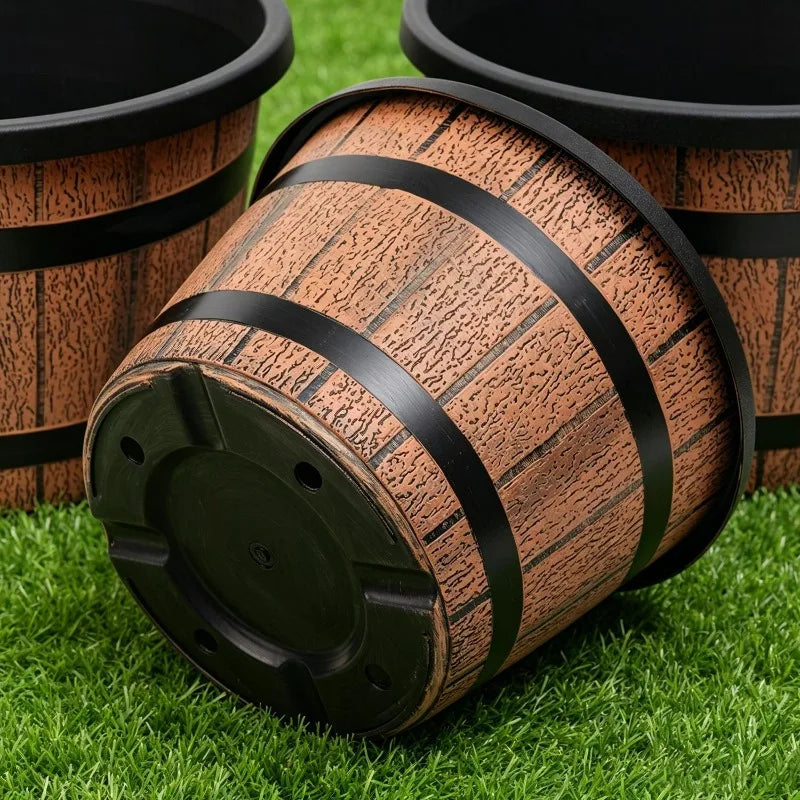 Imitation Wood Flower Pot Plastic Barrel Planter Retro Wooden Barrel Planters Garden Pots for Soil Planting Flowers Bonsai Pots