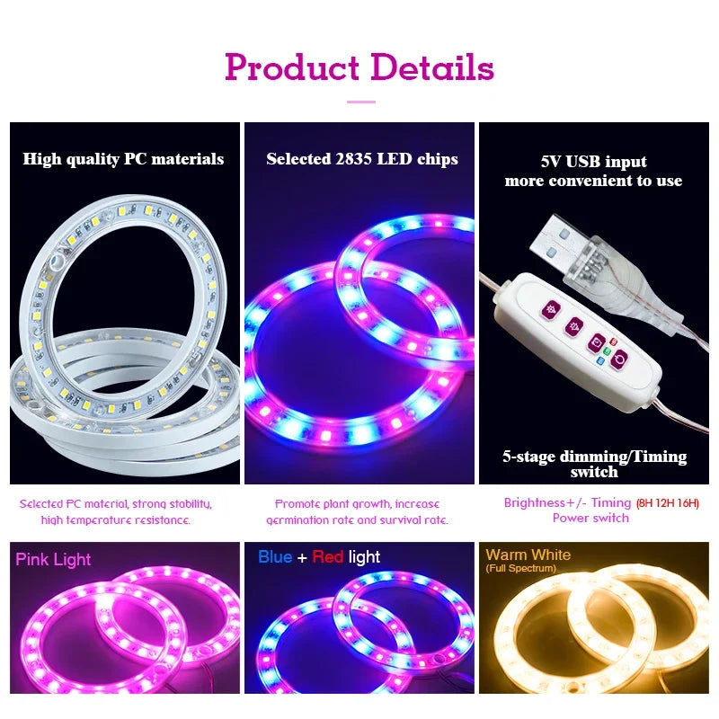 LED Ring Grow Lights Indoor Plants Full Spectrum Height Adjustable Plant Light for Indoor Plants 5V USB Growing Lamp