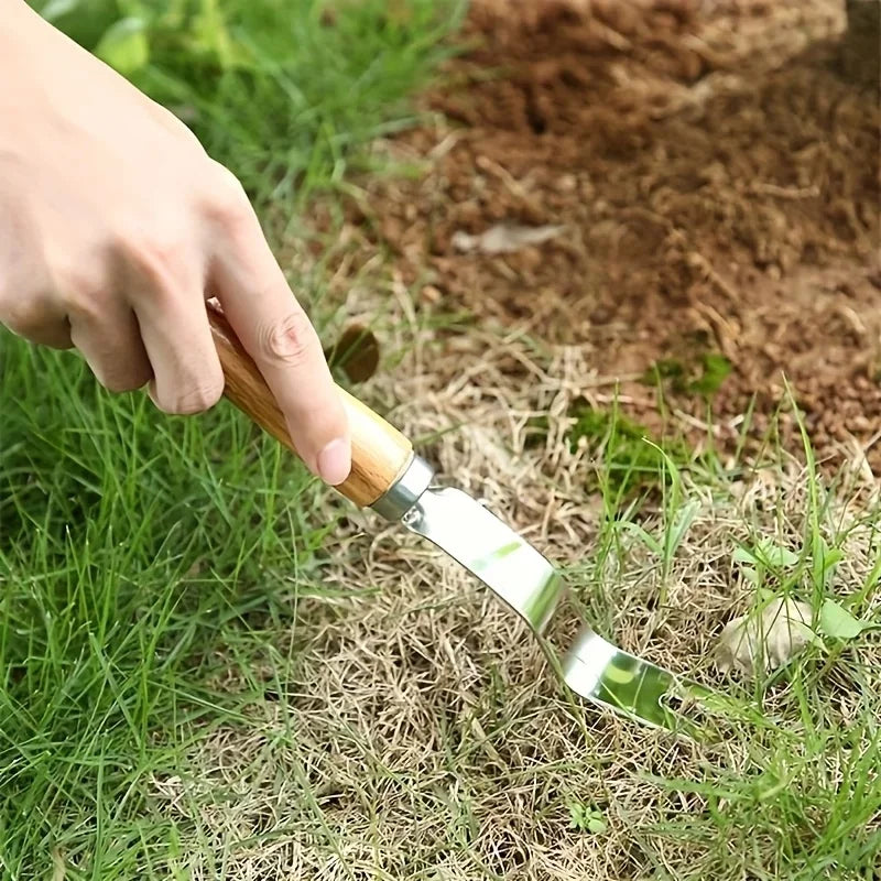 Multipurpose hand weeder with ergonomic wooden‑grip and stainless‑steel body, easily uproots dandelions and common weeds for law