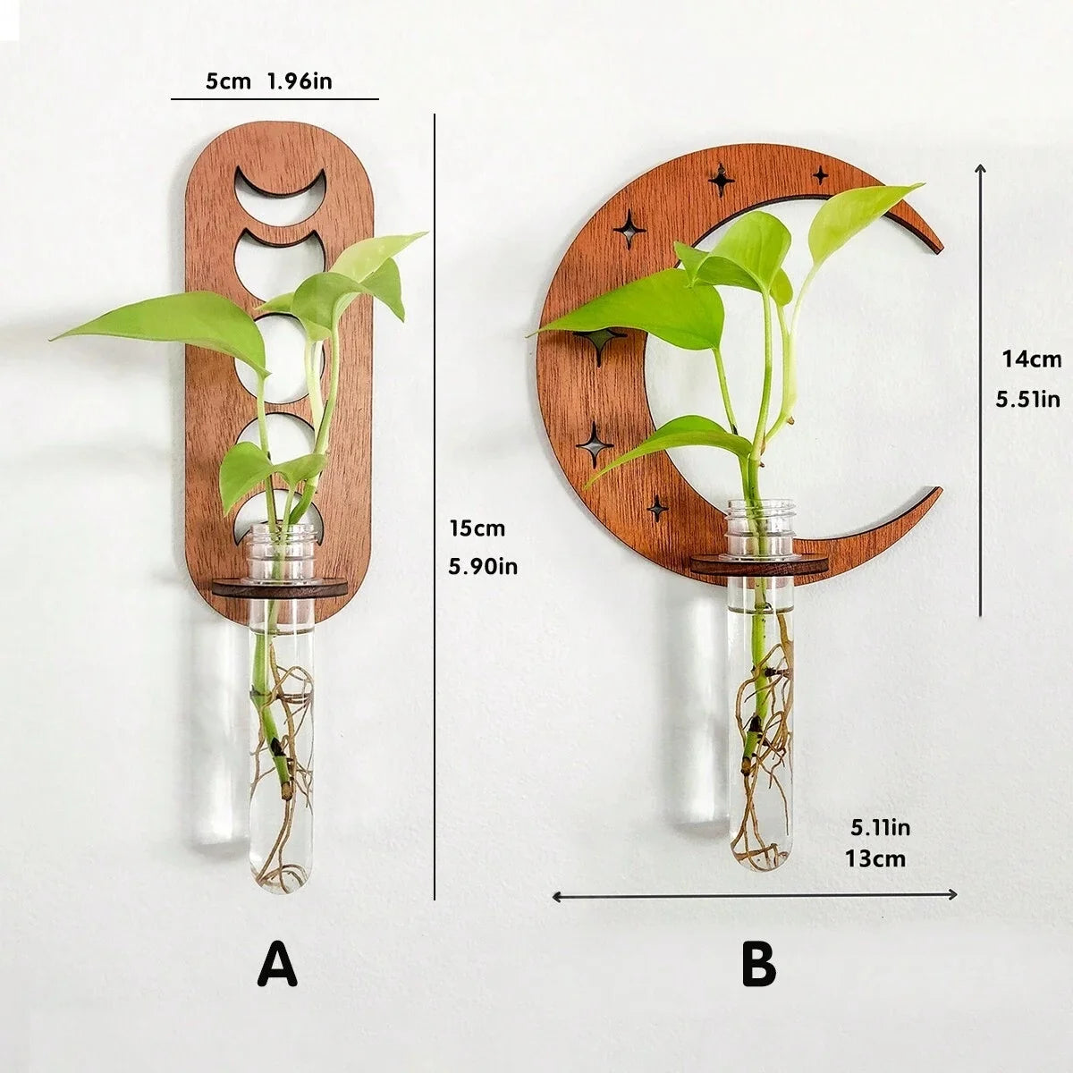 Plant Propagation Station Wall Hanging Wooden Moon Phase Plant Terrarium for Hydroponics Home Office Decor Air Plant Holder Gift
