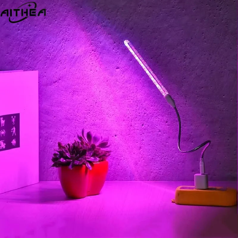 Portable AITHEA LED grow light bar with a flexible neck, emitting a vibrant purple spectrum over a small potted succulent.