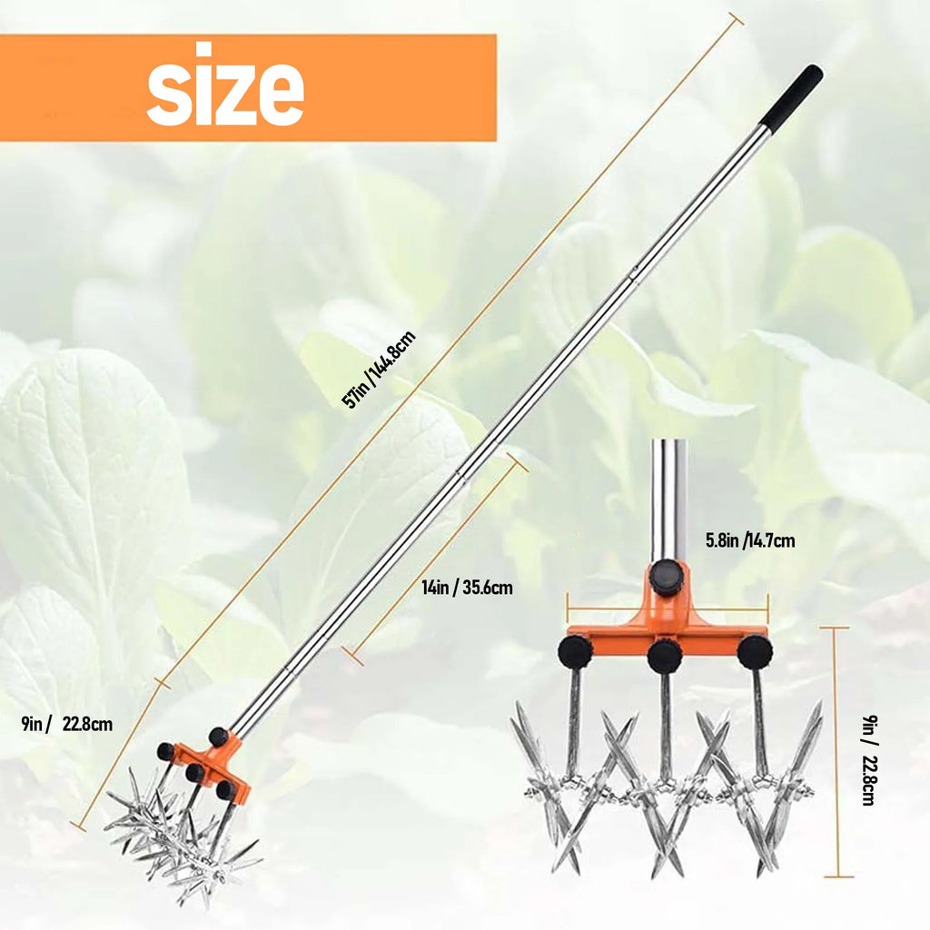 Manual Rotary Cultivator Tool Stainless Steel Teeth Adjustable Handle Garden Hand Tiller for Lawn