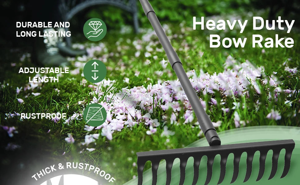 Garden Thatch Rake with 60 Inch Adjustable Long Handle,17 Inch Wide Heavy Duty Metal Bow Rakes for Gardening, Lawn Leveling