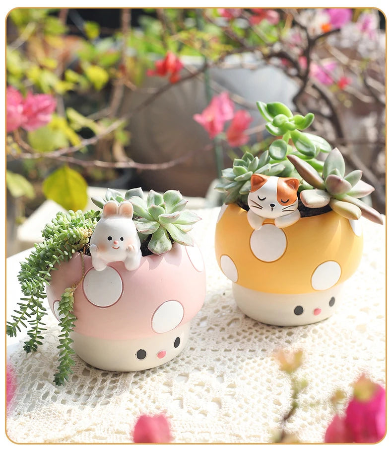 Creative Mushroom Succulents Plant Pot, Cute Animal Flower Pots, Decorative Planter Containers Home Desktop Office Decor