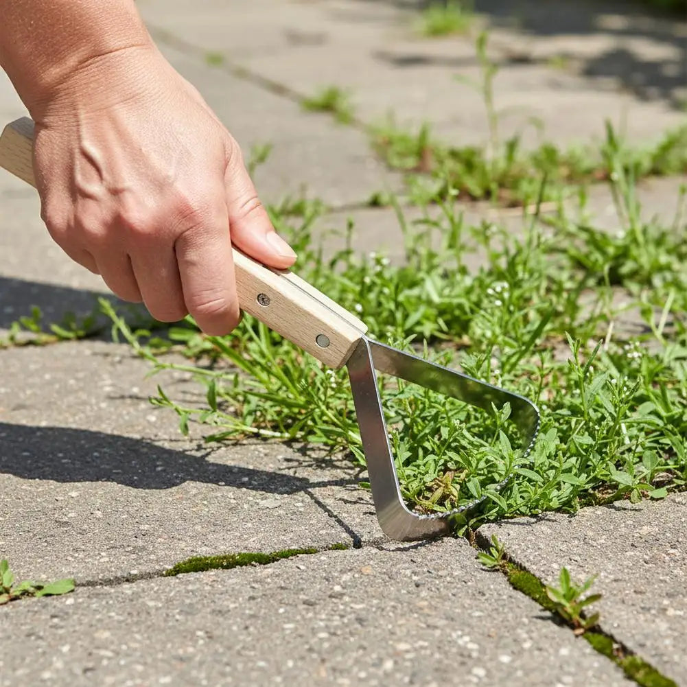 Manual Weeding Scraper with Wood Handle, Stainless Steel Tool for Removing Weeds from Lawn & Cracks