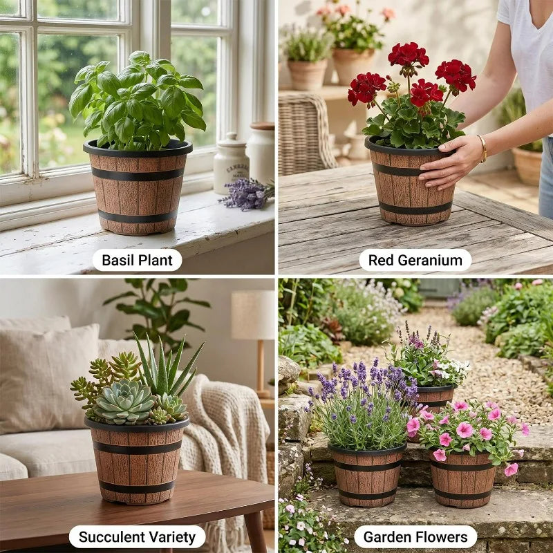 Imitation Wood Flower Pot Plastic Barrel Planter Retro Wooden Barrel Planters Garden Pots for Soil Planting Flowers Bonsai Pots