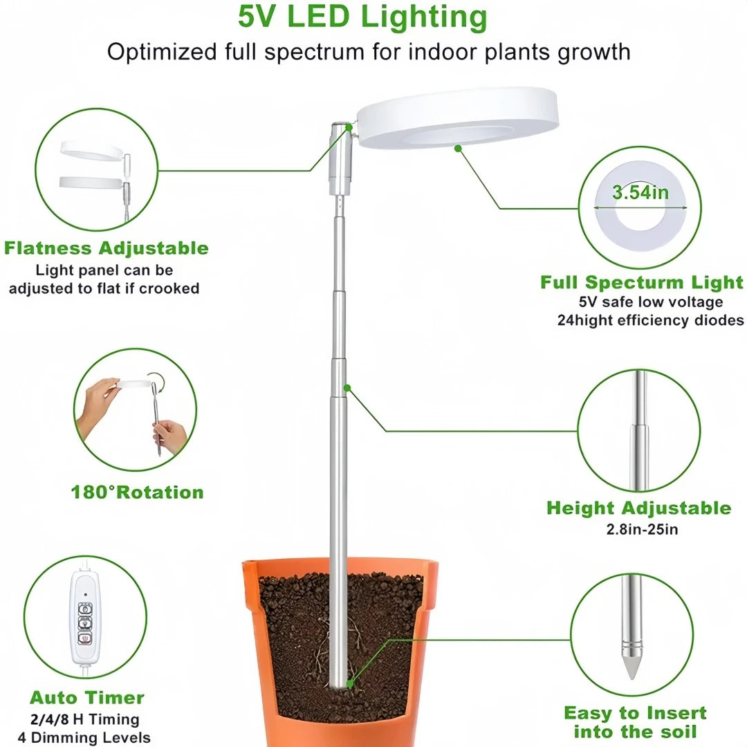 Plant Grow Light,LED Growing Light Full Spectrum for Indoor Plants,Height Adjustable, Automatic Timer, 5V Low Safe Volta