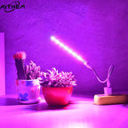 Portable USB-powered LED grow light bar with a flexible neck illuminating small potted succulents and cacti in purple light.
