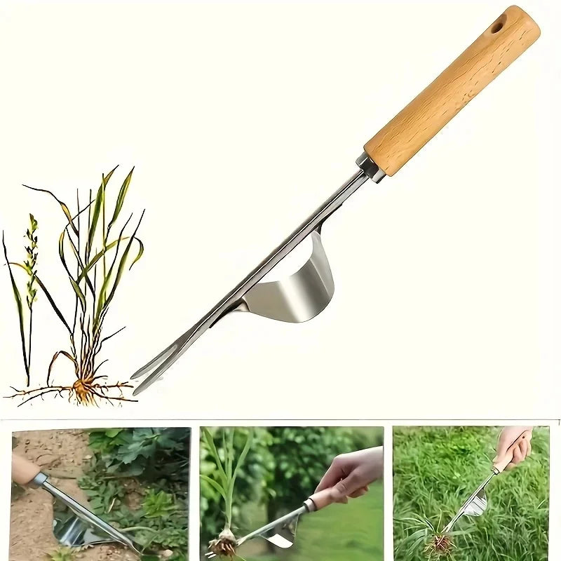 Multipurpose hand weeder with ergonomic wooden‑grip and stainless‑steel body, easily uproots dandelions and common weeds for law