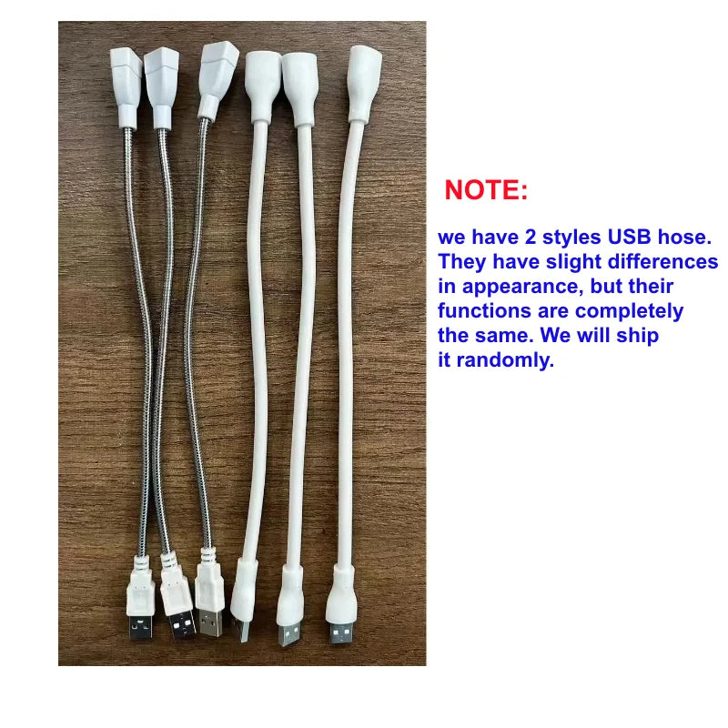 Set of flexible USB grow light extension hoses with white connectors and metal or white cable finishes on a wood surface.