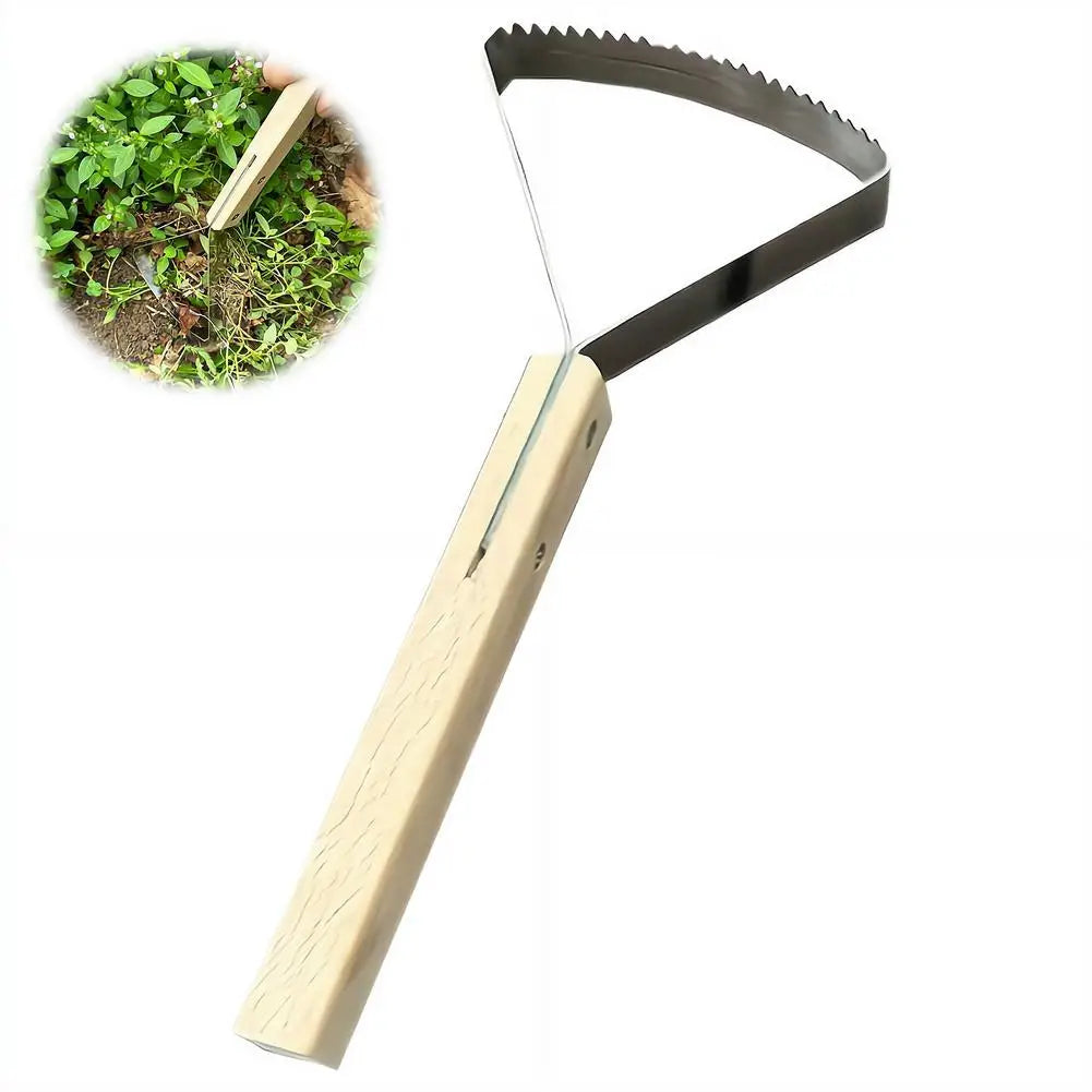 Manual Weeding Scraper with Wood Handle, Stainless Steel Tool for Removing Weeds from Lawn & Cracks