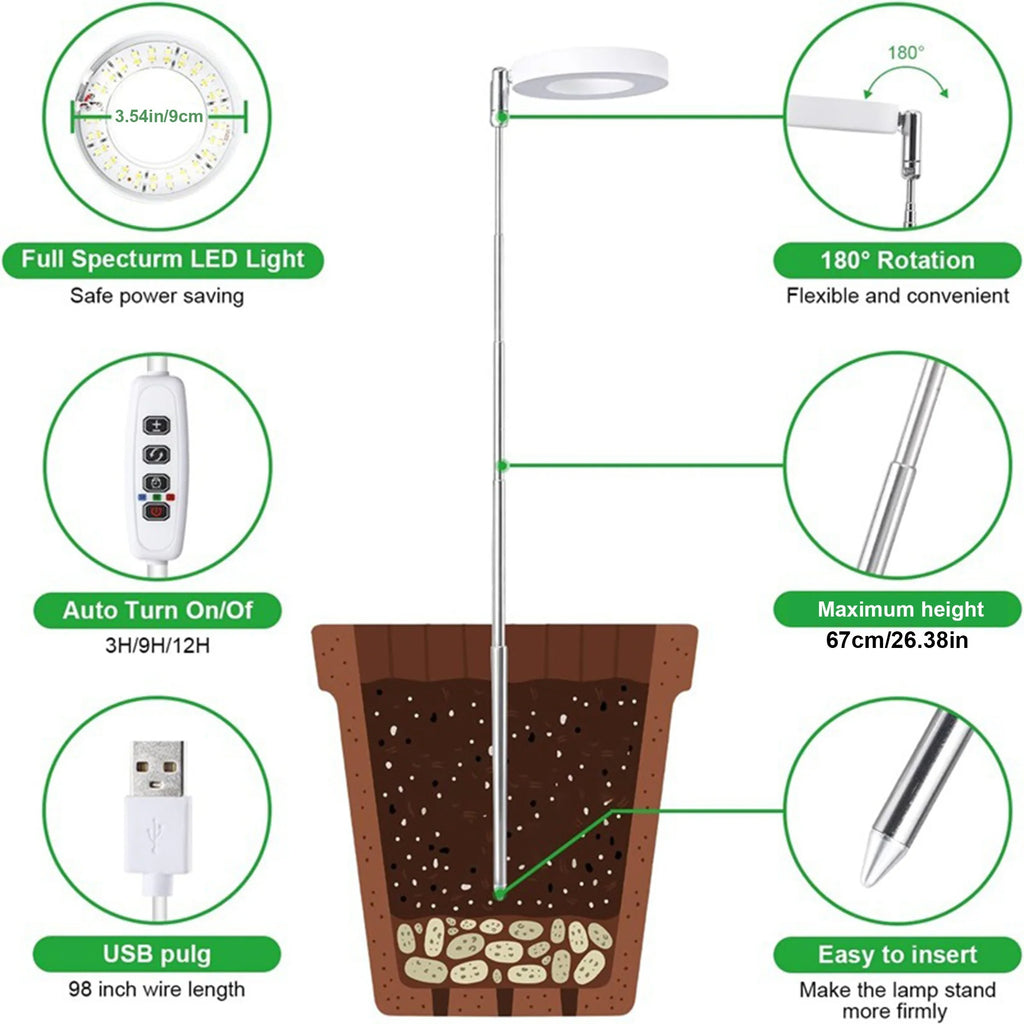 Grow Light Full Spectrum Light LED Grow Indoor Height Angle Adjustable Ring Grow Light Timer Height Adjustable USB Powered