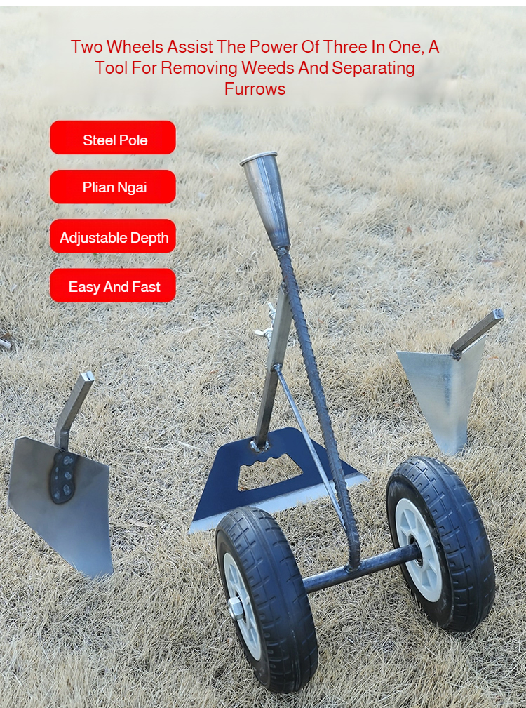 Hand-pulled Multi-function Plow 3 in 1 Multi-Function Wheel Hoe Cultivator, Double Wheels Weeder Tiller Furrow Plow for Garden F